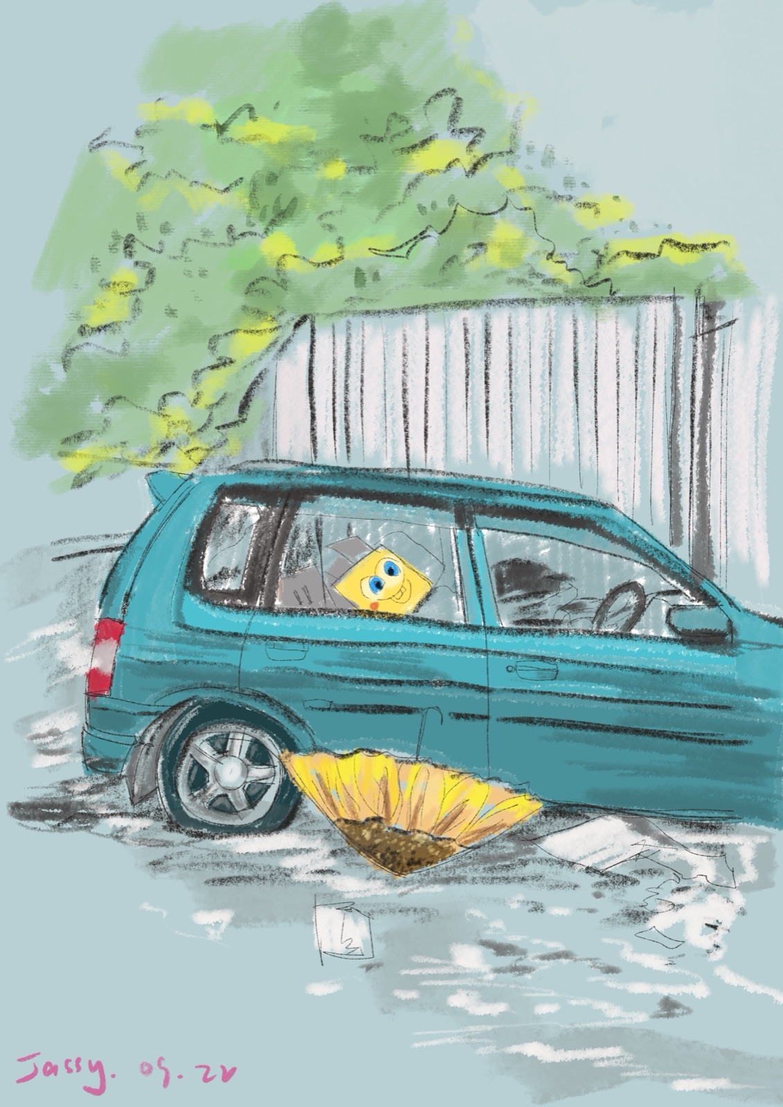 Digital painting of a turquoise car