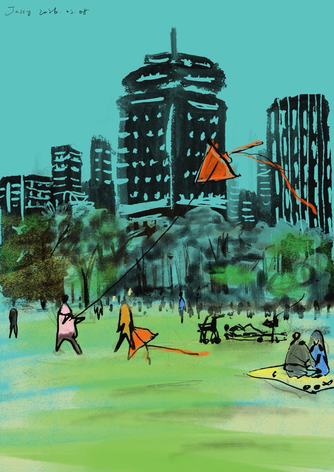 Digital painting of people flying kites in an urban plaza