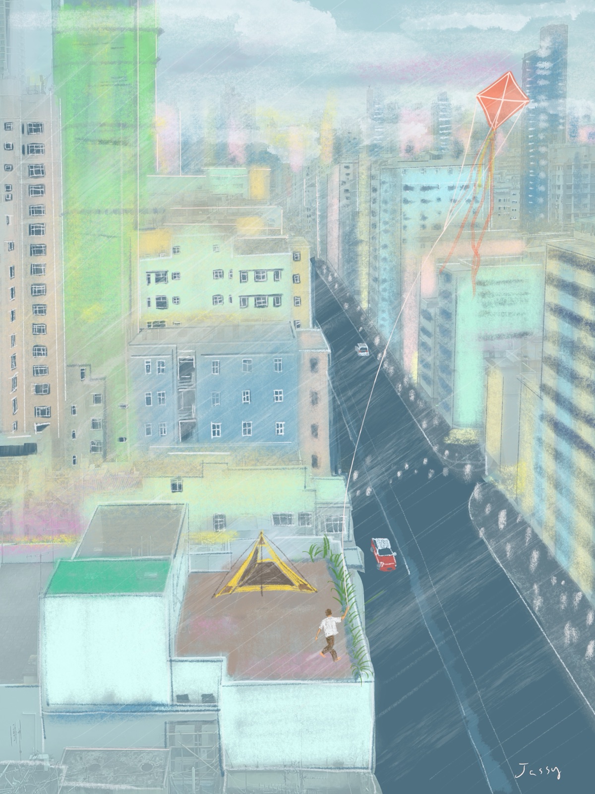 Digital painting of a Hong Kong terrace and city view