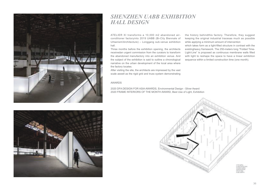 Light-filled exhibition route inside the reused UABB industrial hall